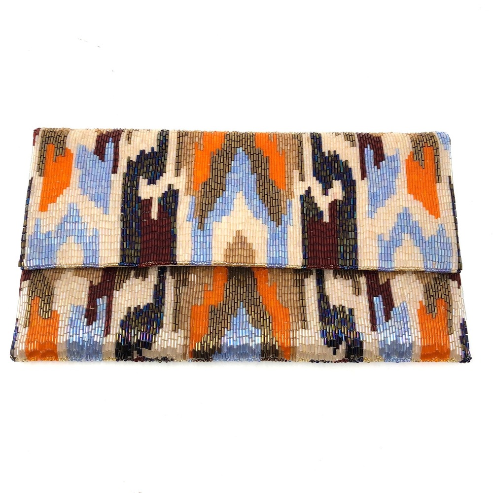 Moyna Beaded Clutch Women Small Multi Orange Ikat Handcrafted Evening Bag